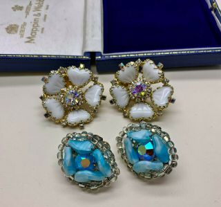 Vintage Jewellery 2 Pairs Of Signed Hobe Crystal/glass Clip On Earrings