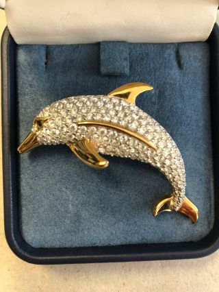 Swarovski Crystal Gold Dolphin Pin Brooch Jewellery Vintage