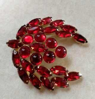Vintage High End Ruby Red Rhinestone Cabachon BROOCH PIN Big And Bold 3