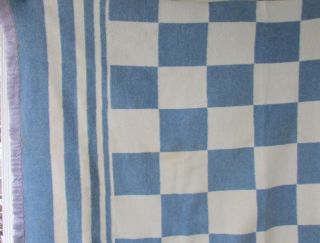 Vtg 50 ' s Blue Checker Stripe Satin Trim SOFT WOOL Camp Hunting Blanket 66x80 3