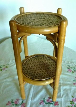 Vintage Cane Bamboo Small Round Two Tier Table Stand