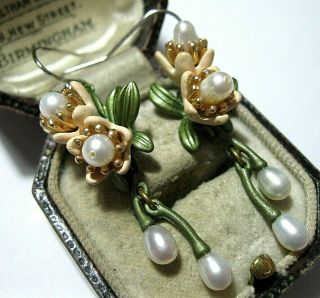 Vintage Style Art Deco Enamelled Real Pearl Orange Blossom Earrings
