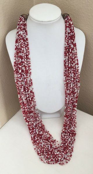 Vintage Multi Strand Long Seed Bead Necklace Red & White Beaded Native American