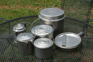 Vintage Camping Set With Cooking Pots,  Frying Pan,  Coffee Pot Etc.