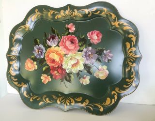 Large Vintage Tole Tray Green,  Hand - Painted,  Floral