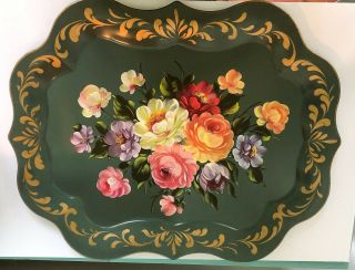 Large VINTAGE TOLE TRAY green,  hand - painted,  floral 2