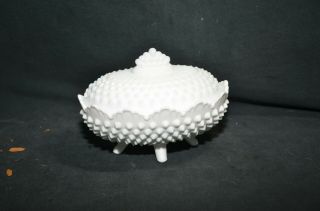 Vintage White Milk Glass Hobnail Covered Candy Dish