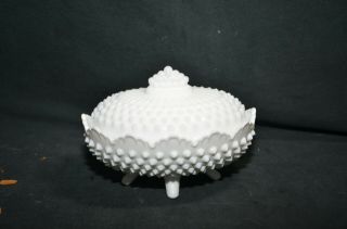 Vintage White Milk Glass Hobnail Covered Candy Dish 3