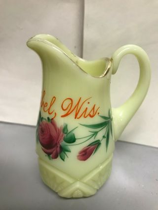 Vintage Opaque Custard Glass Pitcher Creamer Maribel,  Wi Hand Painted Souvenir
