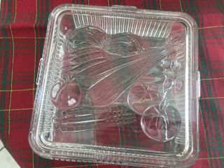 Vintage Federal Clear Glass Refrigerator Dish Box With Embossed Vegetables 8.  5 "