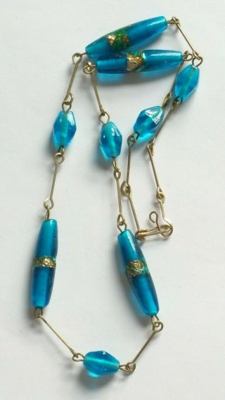 Czech Vintage Art Deco Aqua Glass Bead Necklace Rolled Gold Wire