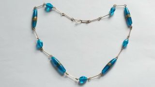 Czech Vintage Art Deco Aqua Glass Bead Necklace Rolled Gold Wire 2