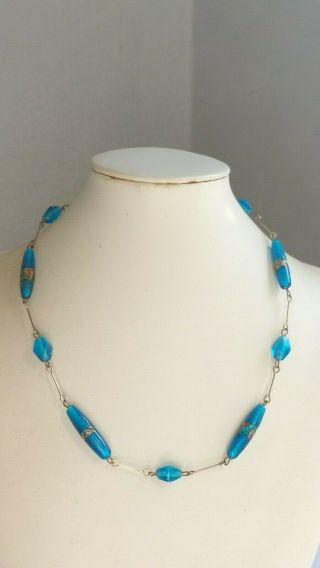 Czech Vintage Art Deco Aqua Glass Bead Necklace Rolled Gold Wire 3