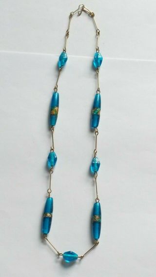Czech Vintage Art Deco Aqua Glass Bead Necklace Rolled Gold Wire 4