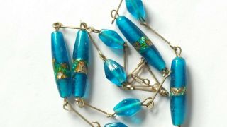 Czech Vintage Art Deco Aqua Glass Bead Necklace Rolled Gold Wire 5