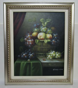 Vintage Oil Painting O/c Still Life Fruit Basket Artist: Shaue