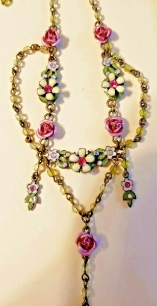 Vintage Avon Chandelier Necklace & Earrings Dark Gold Pink Roses White Flowers