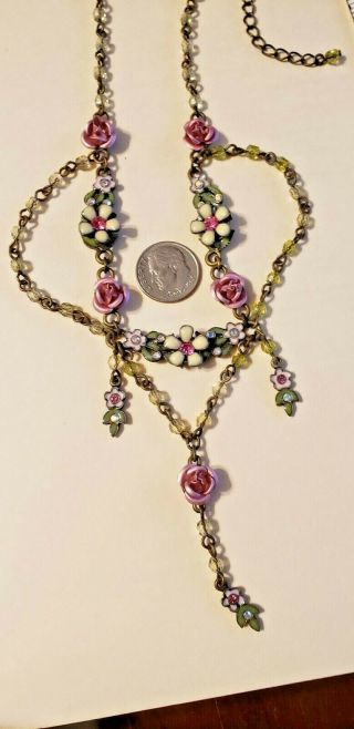 Vintage Avon Chandelier Necklace & Earrings Dark Gold Pink Roses White Flowers 2