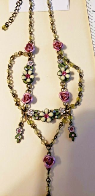 Vintage Avon Chandelier Necklace & Earrings Dark Gold Pink Roses White Flowers 3