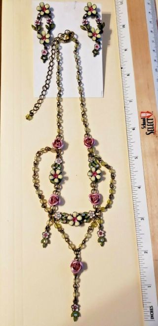 Vintage Avon Chandelier Necklace & Earrings Dark Gold Pink Roses White Flowers 7