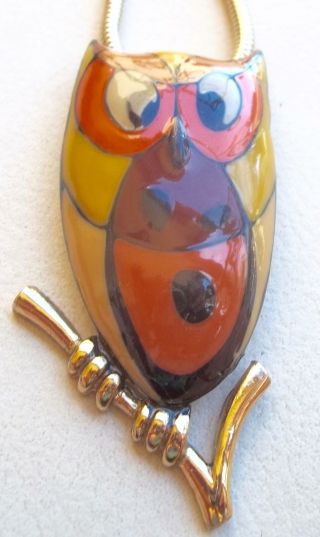 Eisenberg Vintage Necklace Orange Yellow Brown Enamel Owl Pendant
