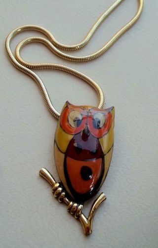 EISENBERG Vintage Necklace Orange Yellow Brown Enamel OWL Pendant 2