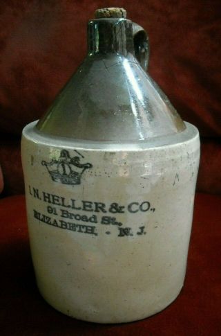 Vintage I N Heller & Co Elizabeth Nj 2 Tone Stoneware Jug 1 Gal.