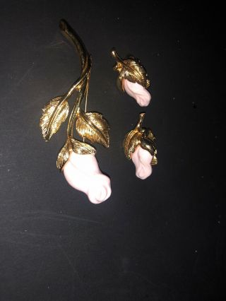 AVON VINTAGE SET PINK PORCELAIN ROSE BROOCH MADE USA 1994 WITH EARRINGS 4