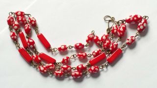 Czech Red Doted Glass Bead Necklace Vintage Deco Style