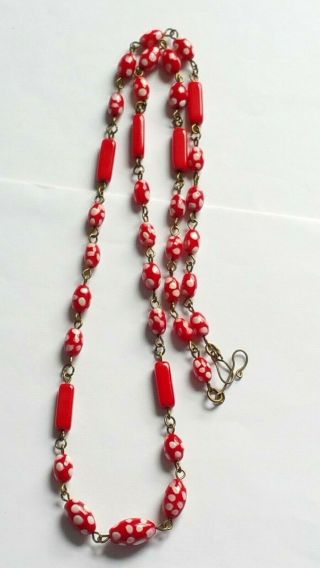 Czech Red Doted Glass Bead Necklace Vintage Deco Style 2