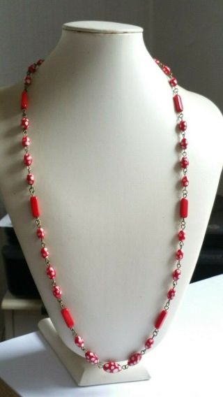 Czech Red Doted Glass Bead Necklace Vintage Deco Style 3
