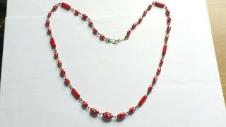 Czech Red Doted Glass Bead Necklace Vintage Deco Style 5