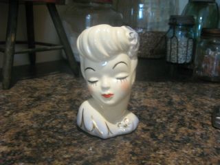 Vintage 5 1/8 " Blue W/gold Glamour Girl With Flower Marked Bottom Lady Head Vase