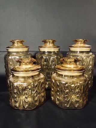 Vintage L.  E.  Smith Atterbury Scroll Amber Apothecary Jars Canisters