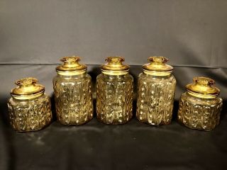 Vintage L.  E.  Smith Atterbury Scroll Amber Apothecary Jars Canisters 5
