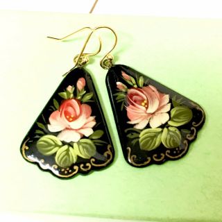 Vintage Lacquered Paper Mache Handpainted Floral Earrings Russia