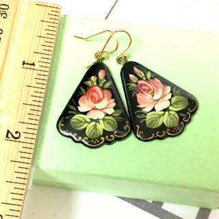 Vintage Lacquered Paper Mache Handpainted Floral Earrings Russia 2