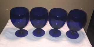 Vintage Set Of Four Cobalt Blue 5.  5” Glass Stemmed Short Goblets Glasses Brandy