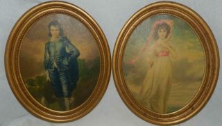 Vintage Gainsborough Framed Blue Boy & Pinkie Prints Oval Gold Frame