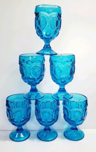 Vtg L E Smith Blue Moon And Stars 6 " Stemmed Water Goblets Glasses (6)