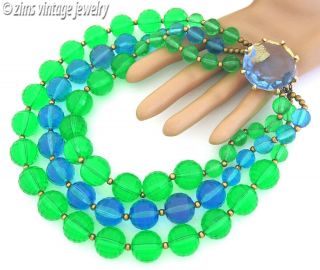 Vintage Large Wide Green & Blue Plastic Lucite 3 Strand Bead Choker Necklace