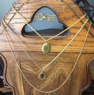 Goldette Vintage Triple Strand Intaglio Gold Tone Signed Necklace