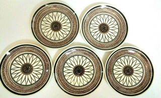 Vintage Stoneware Pottery 5 - Dessert Plates Floral Brown & Black Stripes 6 3/8 "