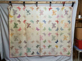 Vintage Depression Era Butterfly Applique Quilt Hand Sewn 80 " ×64 " Country Folk