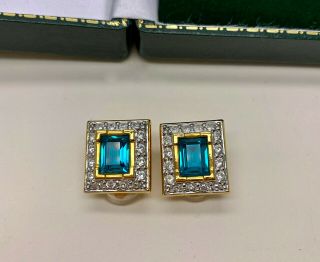 Vintage Jewellery Signed Swarovski Swan Log Blue/clear Crystal Clip On Earrings
