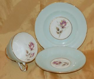 Vintage Paragon Porcelain Green Rose Tea Cup Saucer Side Plate Trio Set A4792/1