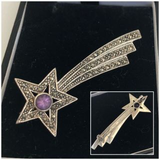 Vintage Jewellery 925 Silver Marcasite & Amethyst Shooting Star Brooch Pin