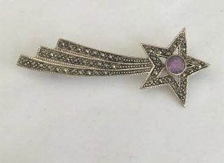 Vintage Jewellery 925 Silver Marcasite & Amethyst Shooting Star Brooch Pin 3