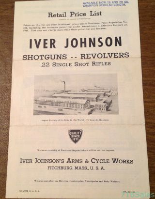 1945 Iver Johnson Fitchburg Ma Price List Shotguns Revolvers Rifles Ad Brochure