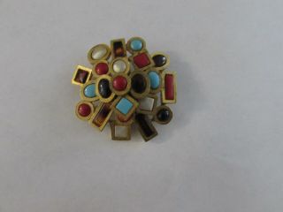 Vintage Signed Capri 3 Tiers Multi Colored Geometric Shapes Gold Tone Brooch/pin
